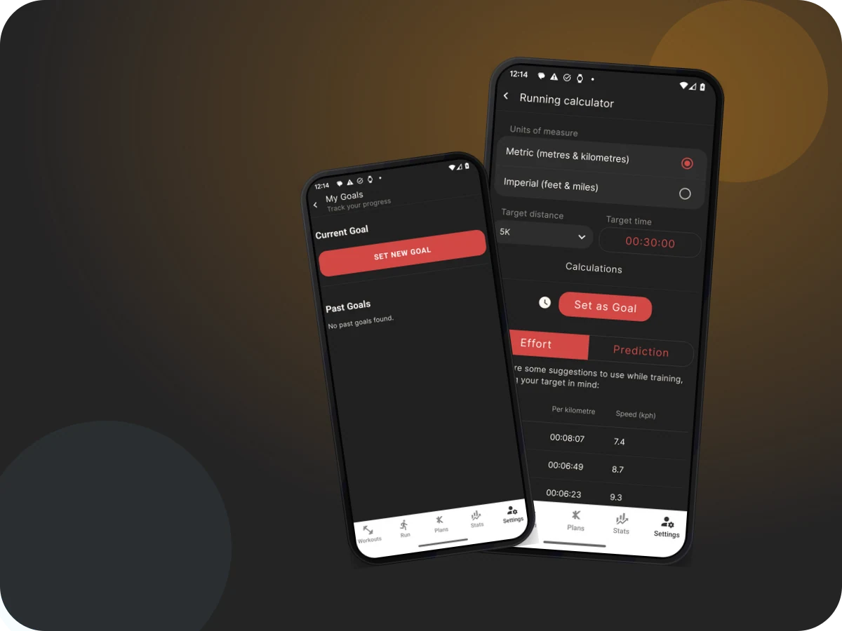 Actual Kinni app screenshots showing Kinni goals and running calculator pace cards.
