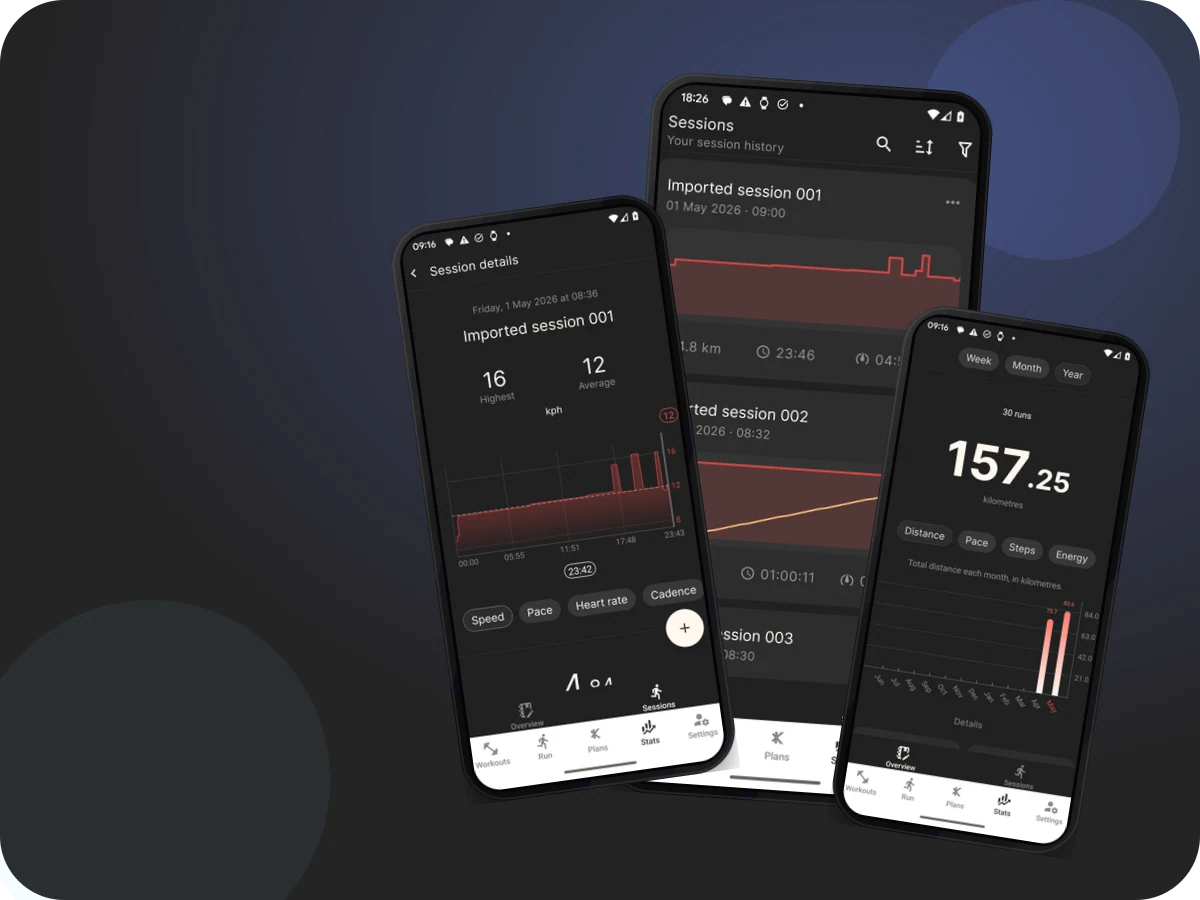 Actual Kinni app screenshots showing Kinni session charts, splits, sync, and export options.