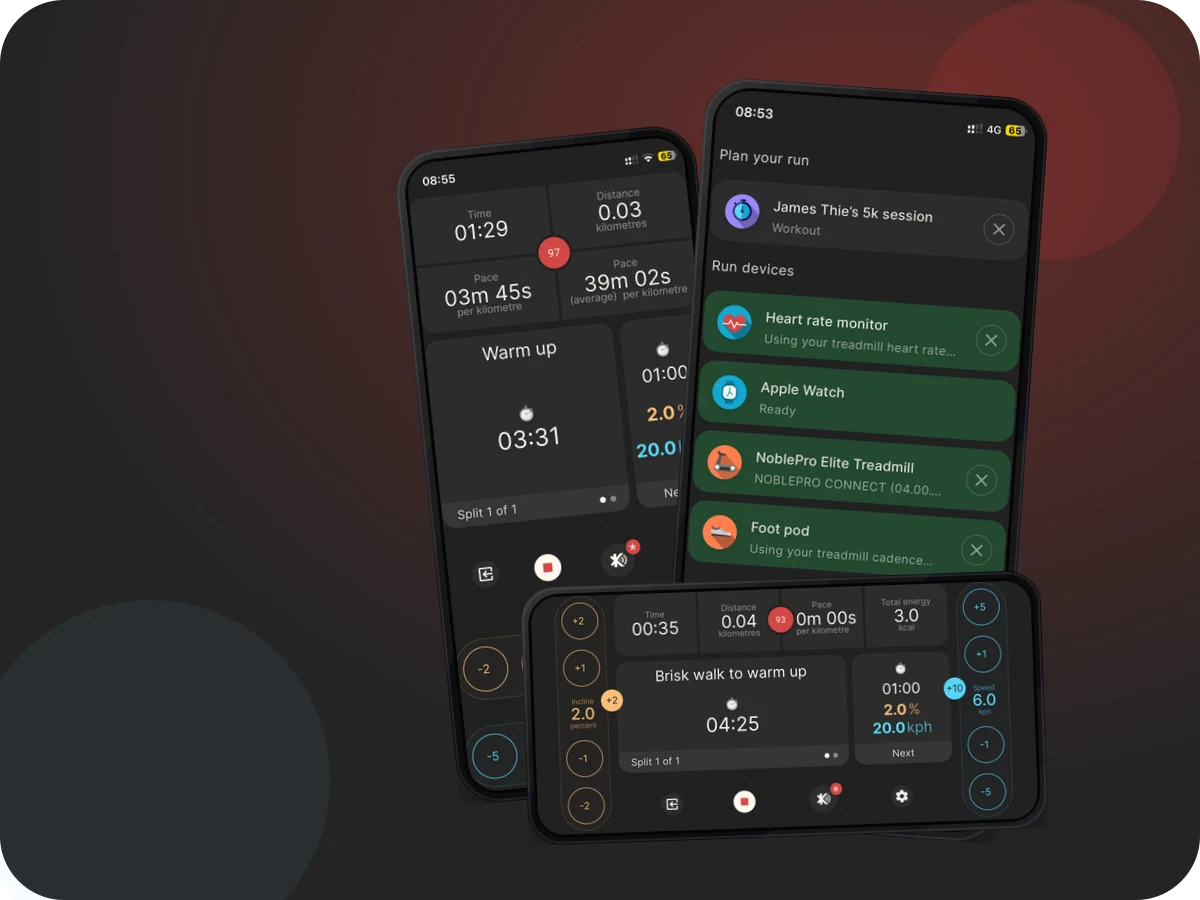 Actual Kinni app screenshots showing Kinni treadmill connection and device controls.